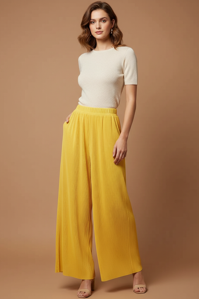Pantalon À Pince Plissé Jaune Fluide Ample Décontracté - Polyester