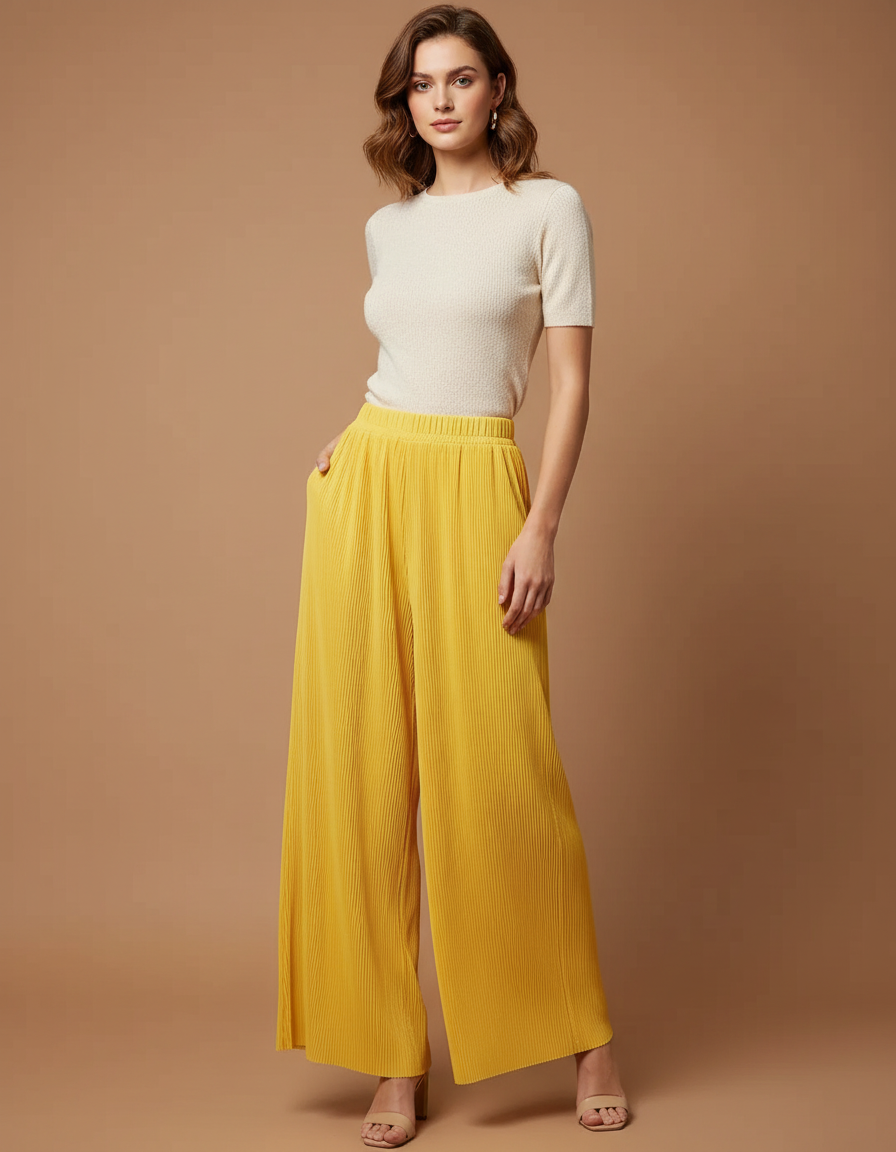 Pantalon À Pince Plissé Jaune Fluide Ample Décontracté - Polyester