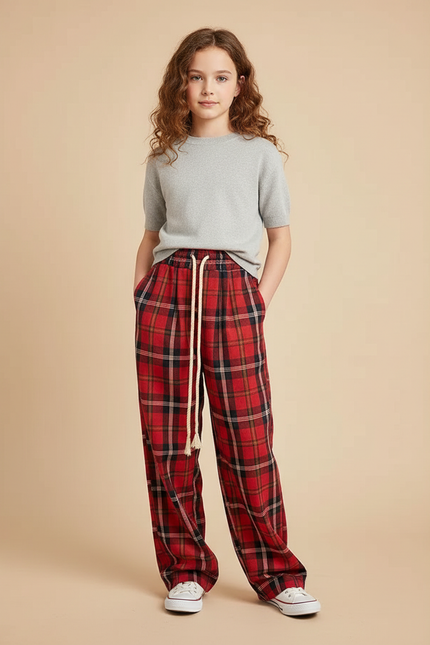Pantalon À Pince Carreaux Écossais Rouge Ample Décontracté Femme - Coton