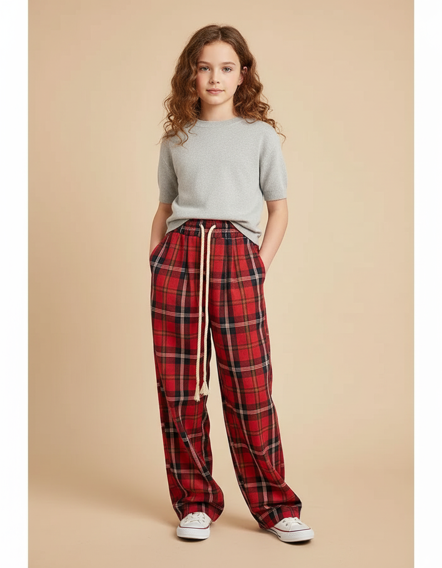 Pantalon À Pince Carreaux Écossais Rouge Ample Décontracté Femme - Coton