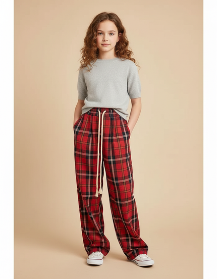 Pantalon À Pince Carreaux Écossais Rouge Ample Décontracté Femme - Coton