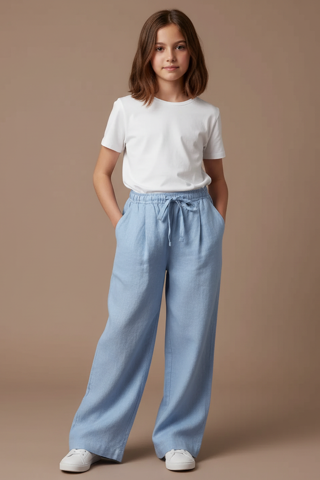 Pantalon À Pince Bleu Ciel Ample Lin Enfant
