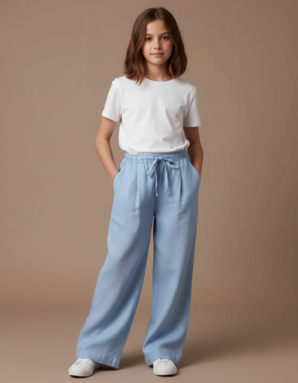 Pantalon À Pince Bleu Ciel Ample Lin Enfant
