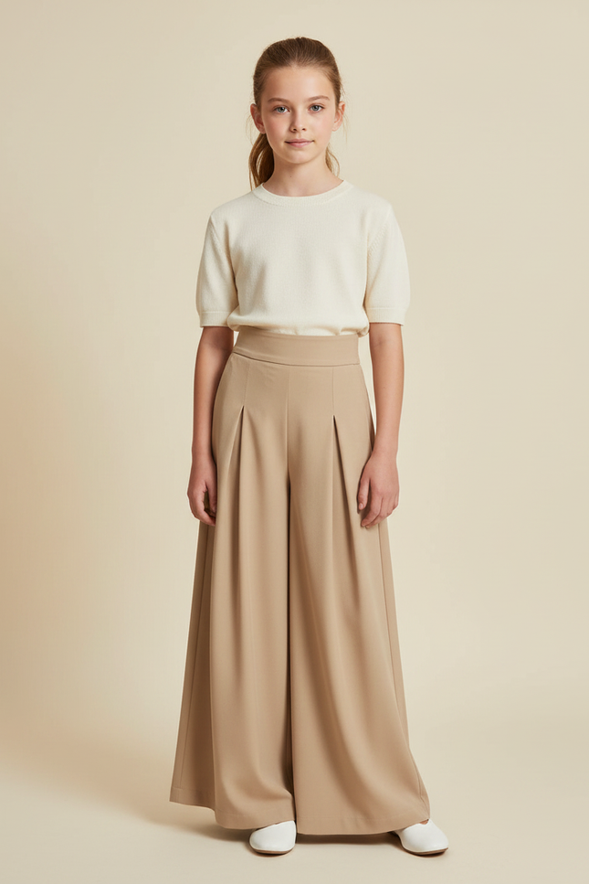 Pantalon À Pince Beige Ample Plissé Élégant Enfant - Polyester