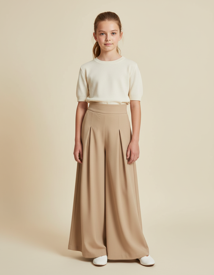 Pantalon À Pince Beige Ample Plissé Élégant Enfant - Polyester