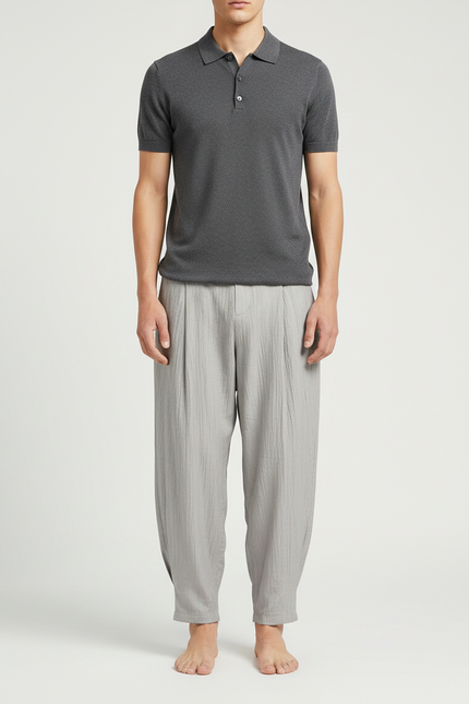 Pantalon À Pince Gris Ample Plissé Lin Homme