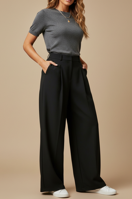 Pantalon À Pince Noir Ample Plissé Décontracté Fluide - Polyester