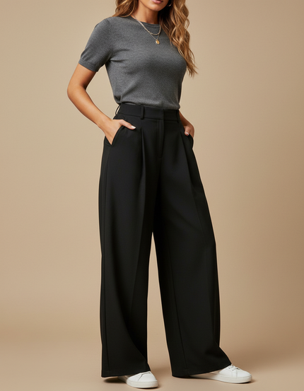 Pantalon À Pince Noir Ample Plissé Décontracté Fluide - Polyester