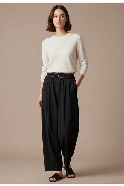 Pantalon À Pince Noir Fluide Ample Décontracté Femme - Viscose