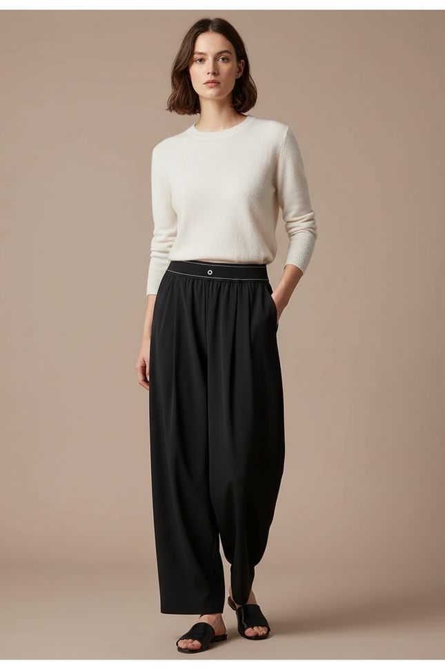 Pantalon À Pince Noir Fluide Ample Décontracté Femme - Viscose