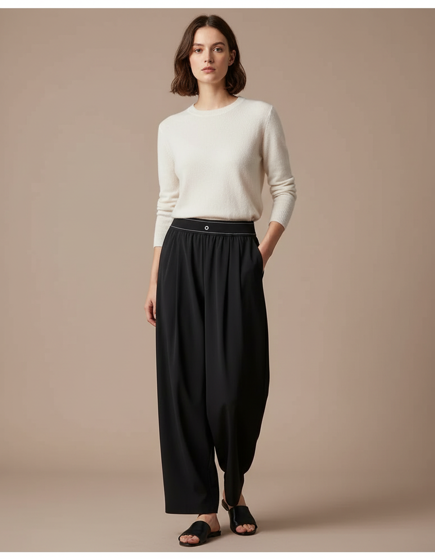 Pantalon À Pince Noir Fluide Ample Décontracté Femme - Viscose