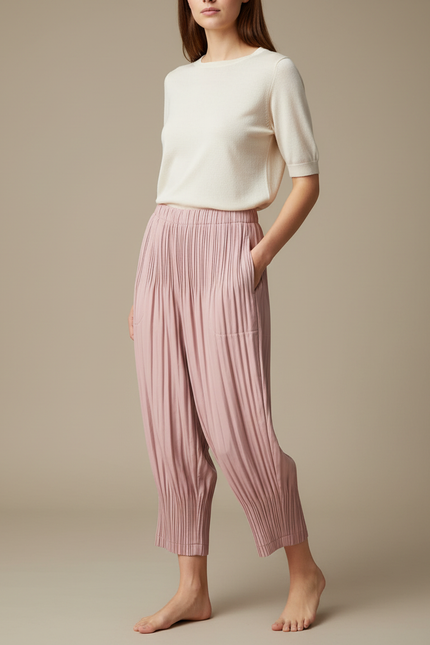 Pantalon À Pince Plissé Rose Fluide Confortable - Polyester