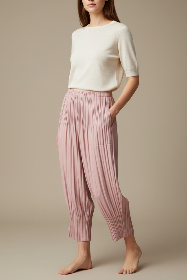 Pantalon À Pince Plissé Rose Fluide Confortable - Polyester