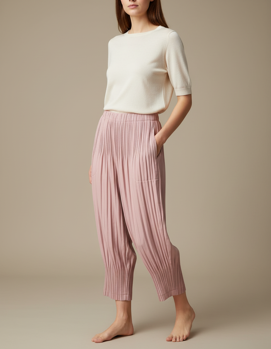 Pantalon À Pince Plissé Rose Fluide Confortable - Polyester