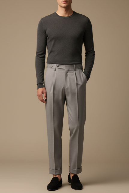 Pantalon À Pince Gris Clair Plissé Slim Élégant Homme - Laine