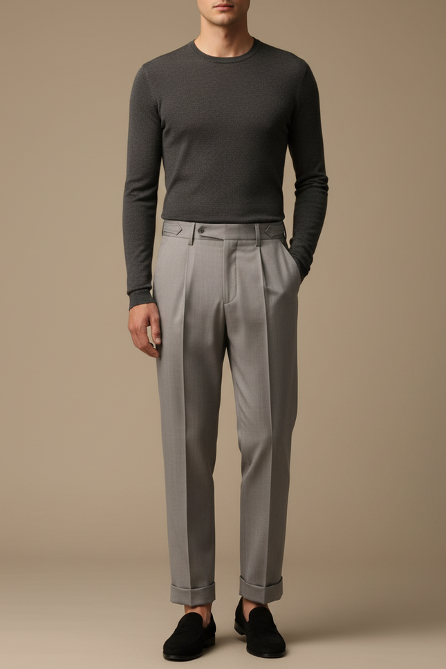 Pantalon À Pince Gris Clair Plissé Slim Élégant Homme - Laine