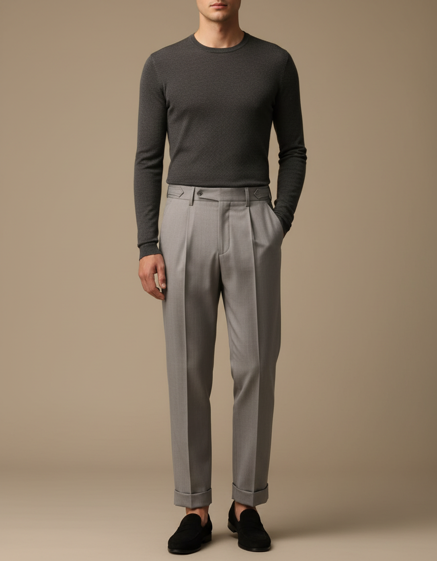 Pantalon À Pince Gris Clair Plissé Slim Élégant Homme - Laine