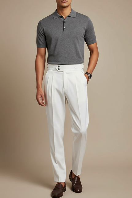 Pantalon À Pince Blanc Taille Haute Plissé Moderne Homme - Gabardine