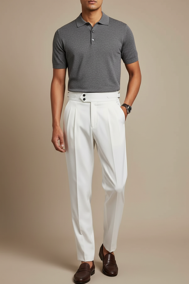 Pantalon À Pince Blanc Taille Haute Plissé Moderne Homme - Gabardine