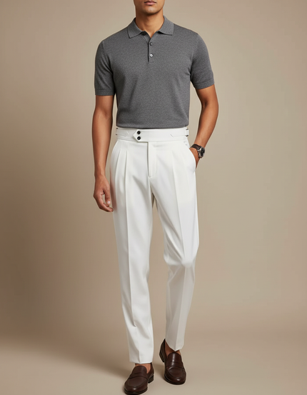 Pantalon À Pince Blanc Taille Haute Plissé Moderne Homme - Gabardine