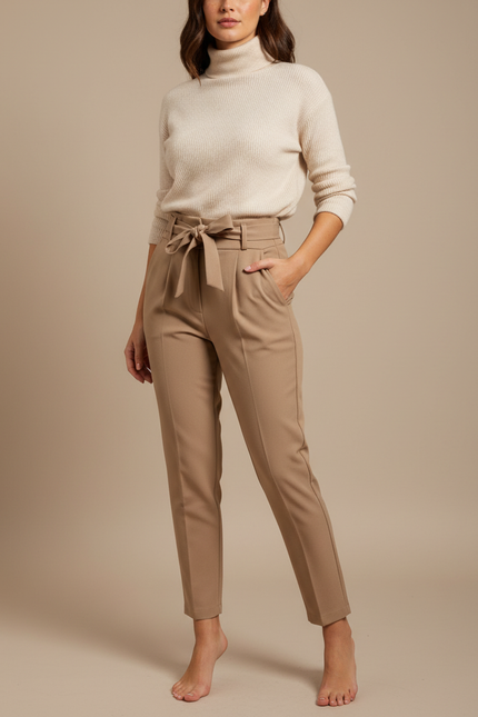 Pantalon À Pince Beige Taille Haute Ceinturé Élégant - Gabardine