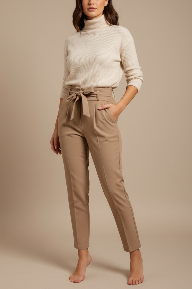 Pantalon À Pince Beige Taille Haute Ceinturé Élégant - Gabardine