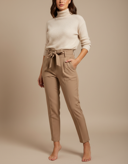 Pantalon À Pince Beige Taille Haute Ceinturé Élégant - Gabardine