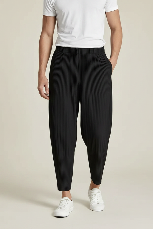 Pantalon À Pince Noir Plissé Ample Décontracté Homme - Polyester