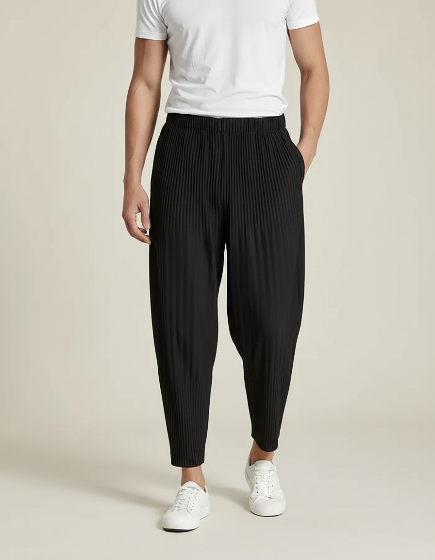 Pantalon À Pince Noir Plissé Ample Décontracté Homme - Polyester