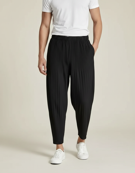 Pantalon À Pince Noir Plissé Ample Décontracté Homme - Polyester