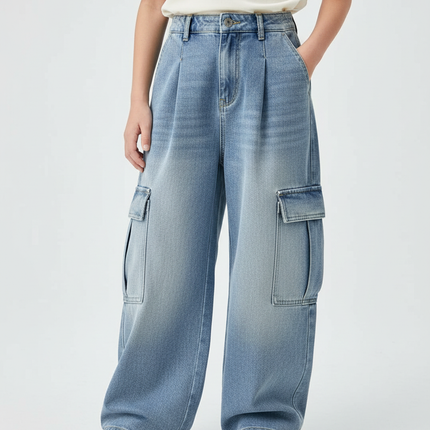 Pantalon À Pince Cargo Denim Large Dégradé Enfant - Bleu Jean