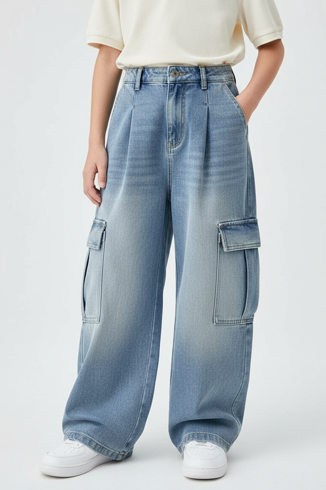 Pantalon À Pince Cargo Denim Large Dégradé Enfant - Bleu Jean
