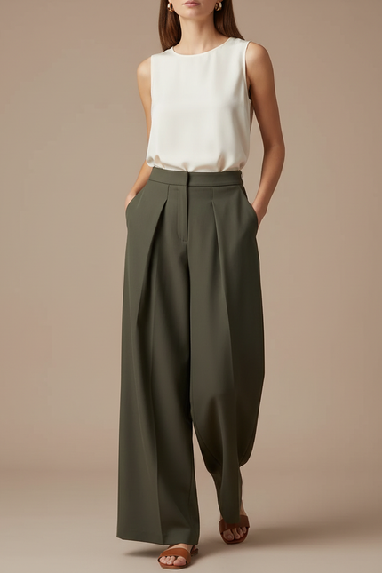 Pantalon À Pince Kaki - Polyester