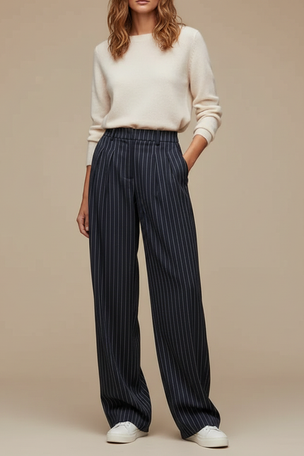 Pantalon À Pince Bleu Marine Rayé Ample Fluide Femme - Laine