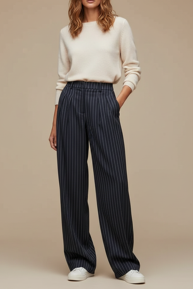 Pantalon À Pince Bleu Marine Rayé Ample Fluide Femme - Laine
