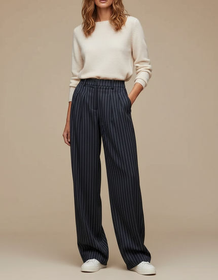 Pantalon À Pince Bleu Marine Rayé Ample Fluide Femme - Laine