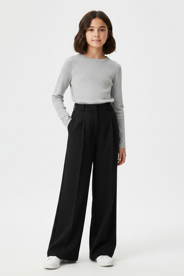 Pantalon À Pince Noir Droit Ample Fluide Fille - Polyester