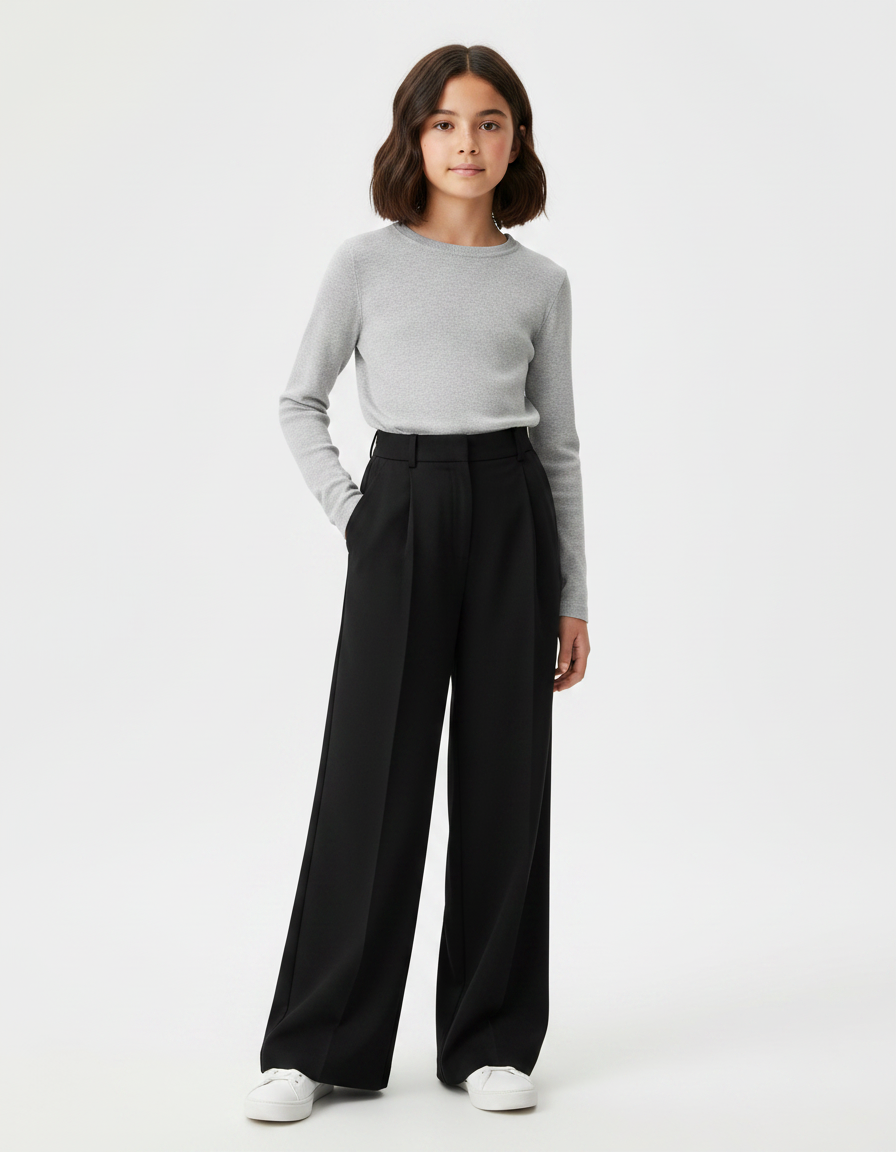 Pantalon À Pince Noir Droit Ample Fluide Fille - Polyester