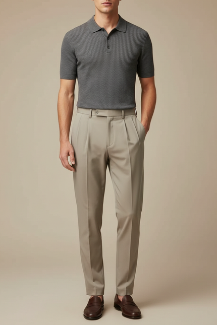Pantalon À Pince Beige Classique Habillé Homme - Gabardine