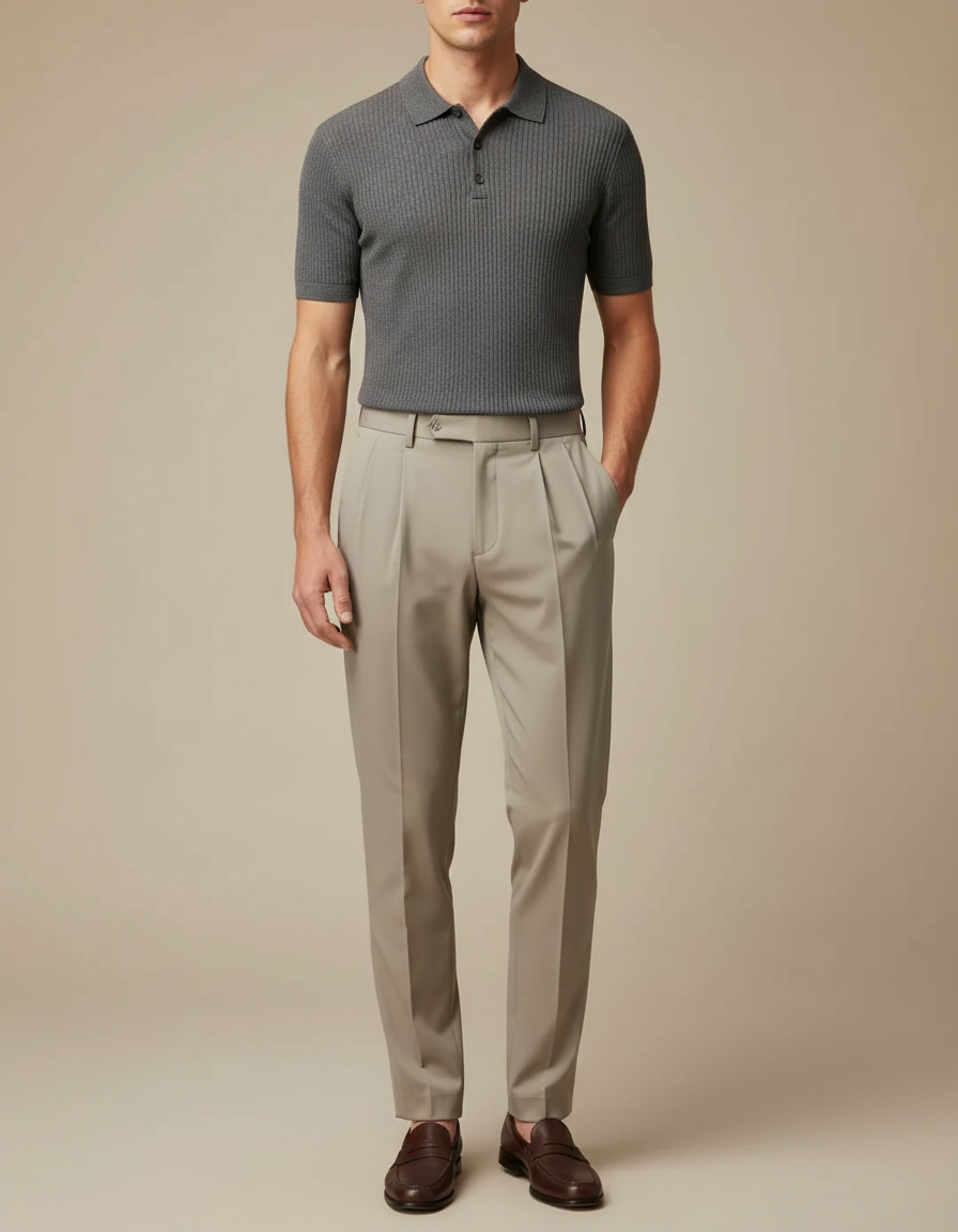 Pantalon À Pince Beige Classique Habillé Homme - Gabardine