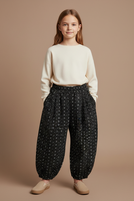 Pantalon À Pince Noir Imprimé Fluide Hiver Fille - Tweed