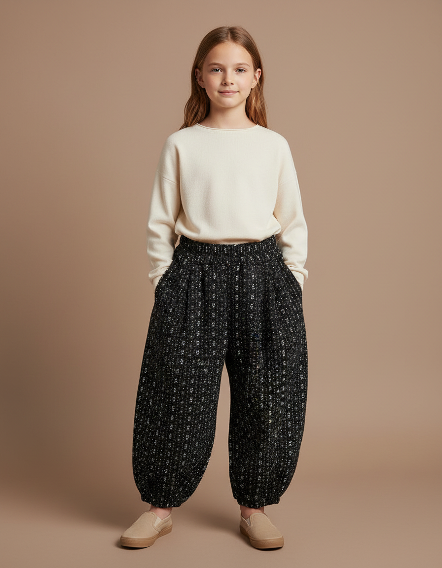 Pantalon À Pince Noir Imprimé Fluide Hiver Fille - Tweed