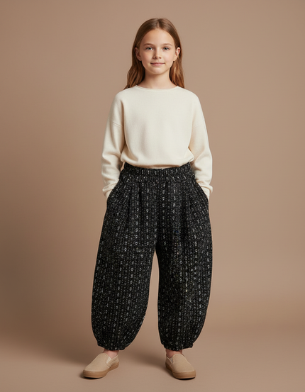 Pantalon À Pince Noir Imprimé Fluide Hiver Fille - Tweed