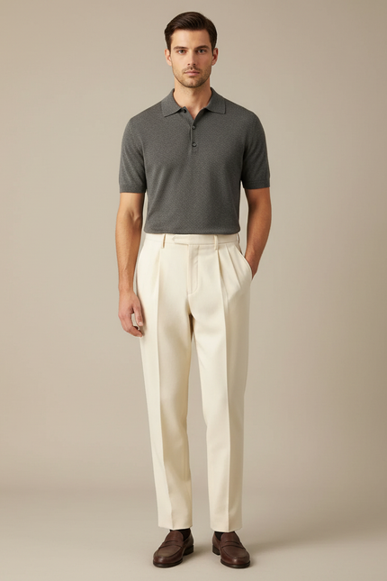 Pantalon Droit À Pince - Beige Gabardine
