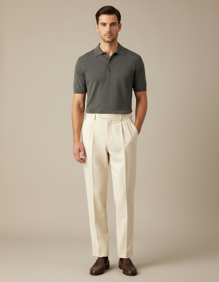 Pantalon Droit À Pince - Beige Gabardine