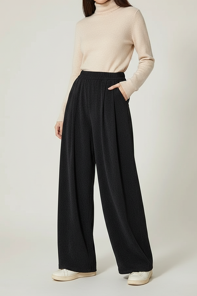 Pantalon À Pince Noir Ample Plissé Confortable Femme - Polyester