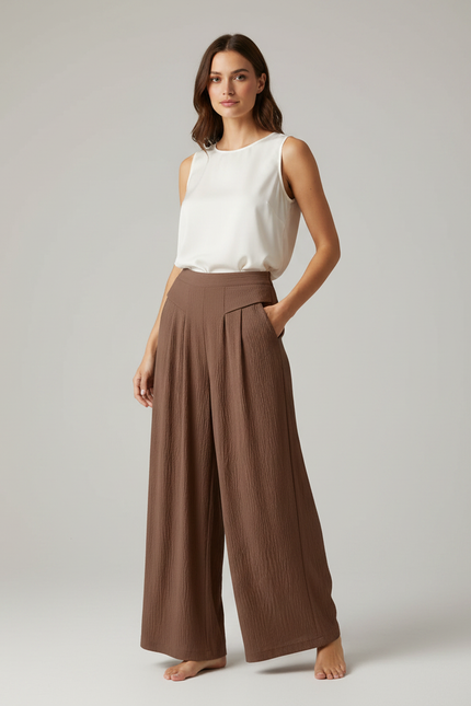 Pantalon À Pince Marron Plissé Ample Fluide Décontracté - Viscose