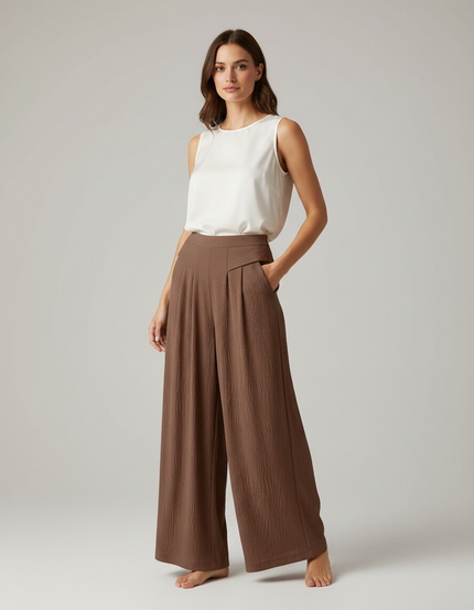 Pantalon À Pince Marron Plissé Ample Fluide Décontracté - Viscose