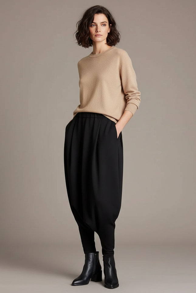 Pantalon À Pince Noir Ample Fluide Décontracté Femme - Polyester