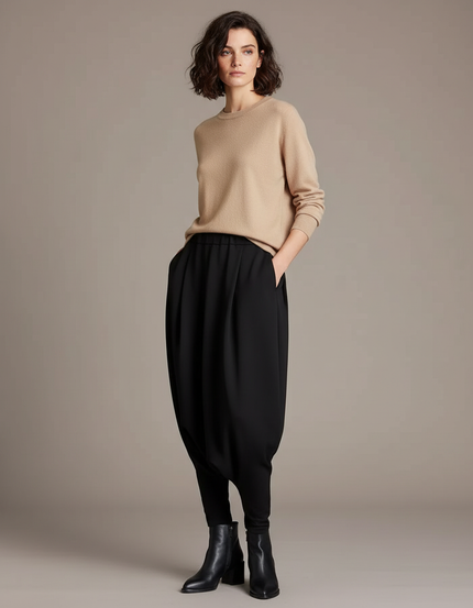 Pantalon À Pince Noir Ample Fluide Décontracté Femme - Polyester